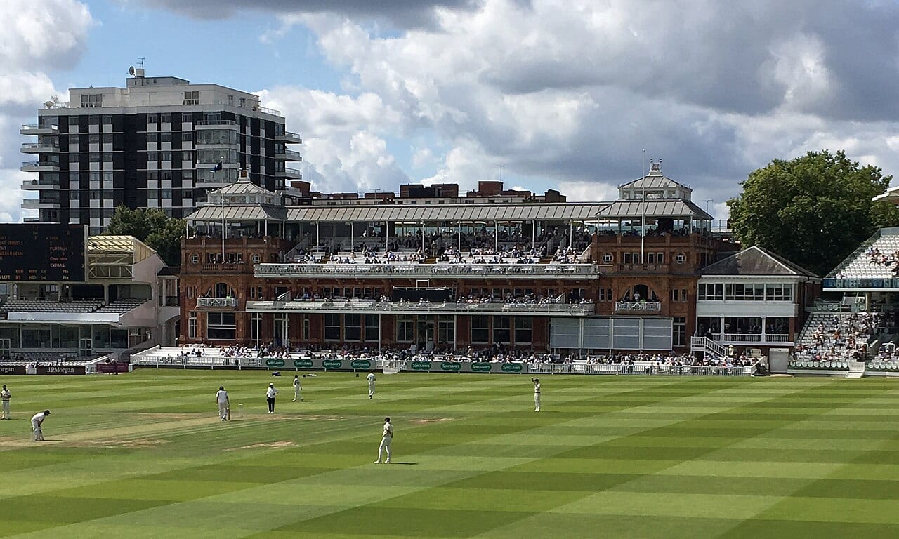 The green pitch and stands at Lord's Cricket Ground in London