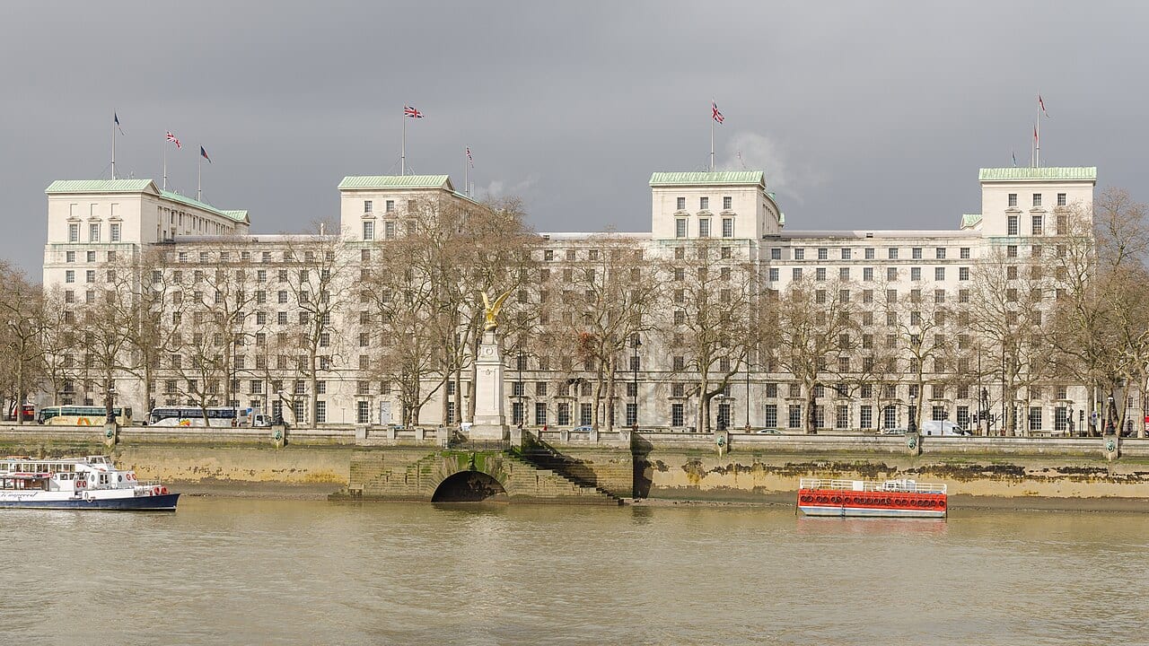The Ministry of Defence building in London on a grey day