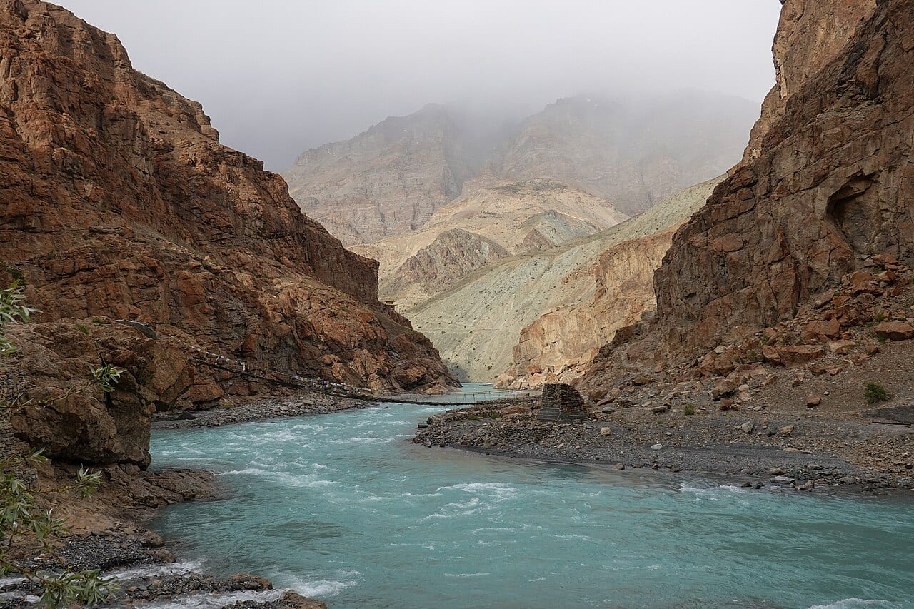 A fast river running through steep Himalayan mountains